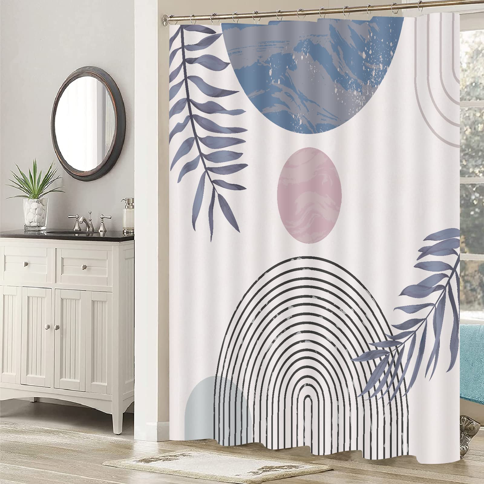 Cortina de ducha bohemia azul para baño, juego de cortina de ducha moderna de mediados de siglo, decoración de baño, accesorio de baño