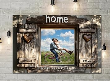 Custom Canvas Prints with Your Photos and Names,Valentines Day Custom Wall Art,Home Is Where The Heart Is Begins,Brown Wooden Window Frame Style Retro,Unique Gift for Weddings, Girlfriends, Boyfriends, EngagementsStyle 3