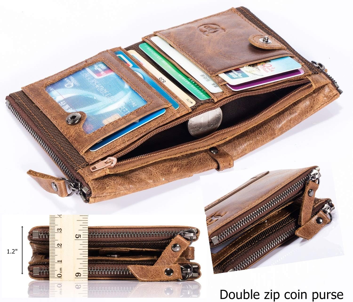 BULLCAPTAIN Genuine Leather Wallet for Men Vintage Bifold with Double Zipper Pockets (Brown) - Image 5