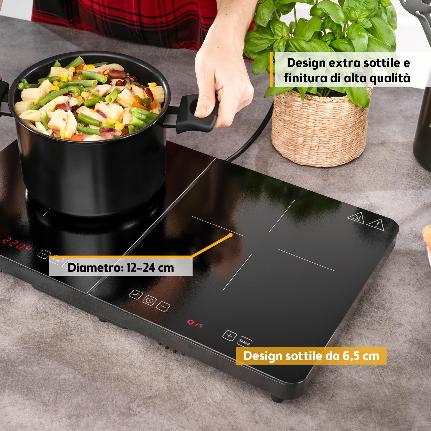 TZS First Austria - Piastra a induzione doppia 3500W - Piano cottura vetroceramica 2 fuochi - 10 livelli di potenza, timer, blocco bambini, LED, comandi touch, protezione surriscaldamento - portatile