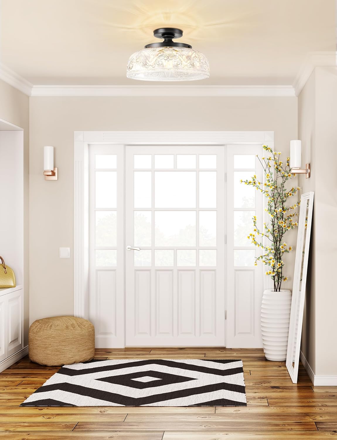 Semi Flush Mount Ceiling Light, 12 Inch Large Black Ceiling Light Fixture, 3-Light Globe Glass Industrial Kitchen Lighting Fixtures for Bathroom, Hallway, Dining Room (Bulb Not Included)