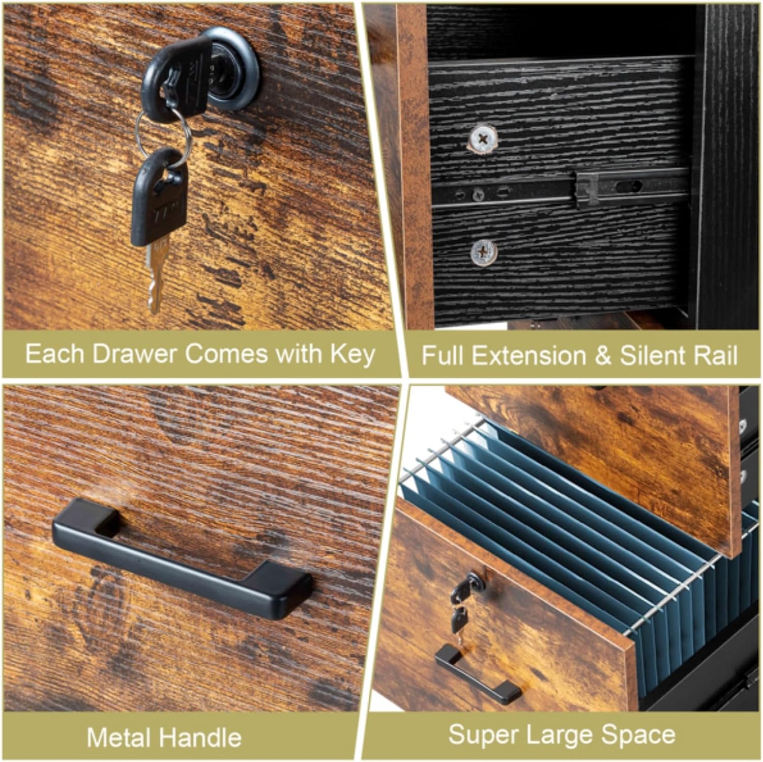 Black and Brown Wooden Filing Cabinet, Storage Cabinet, MDF with Triamine, 2 Drawers, 360° Wheels, Suitable for A4+Letter Labeled Files