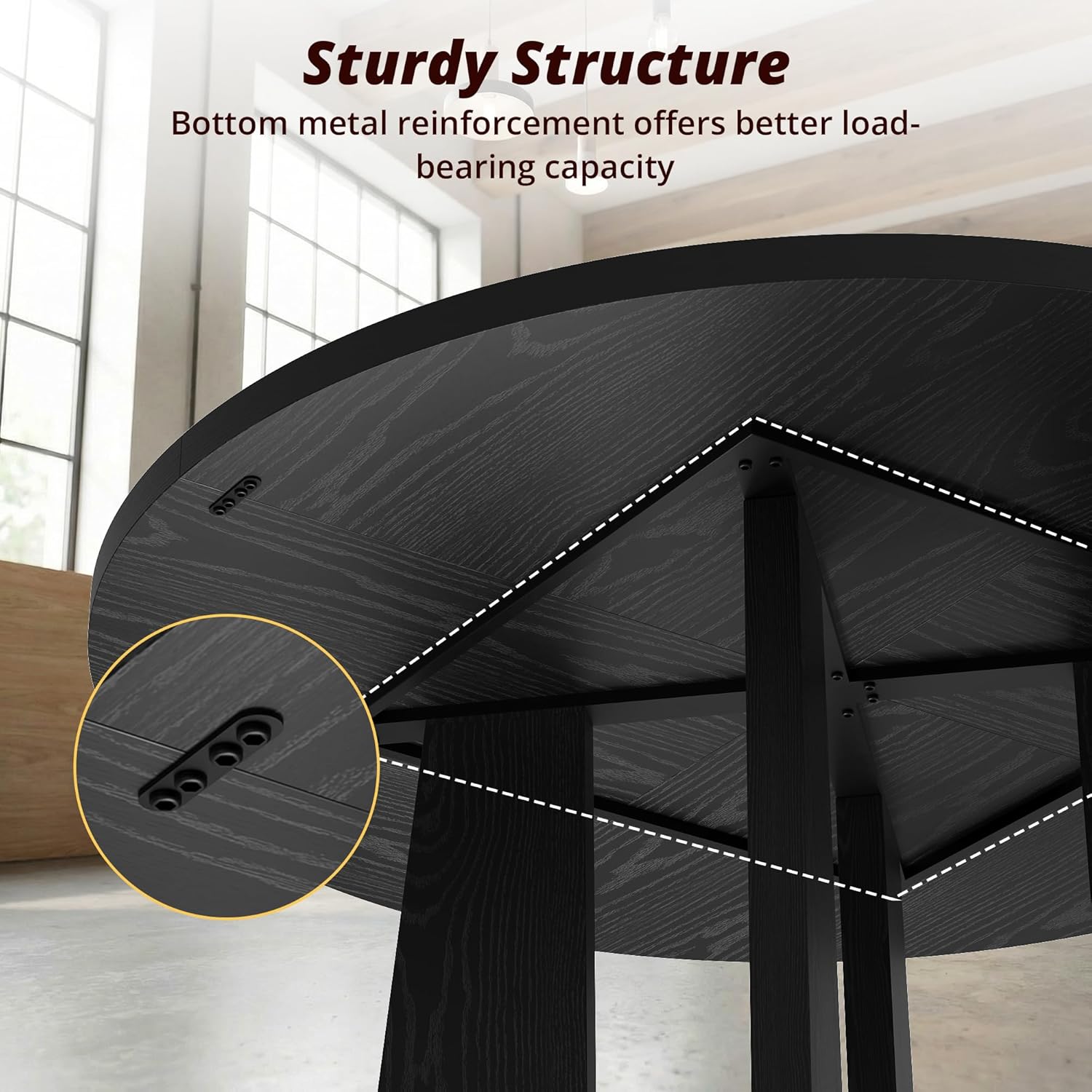 Round Dining Table for 4-6, 47 Inch Black Kitchen Table with Storage Shelf & Wood Pedestal Base, Modern Circle Dining Room Tables for Small Apartment, Home Office, Living Room