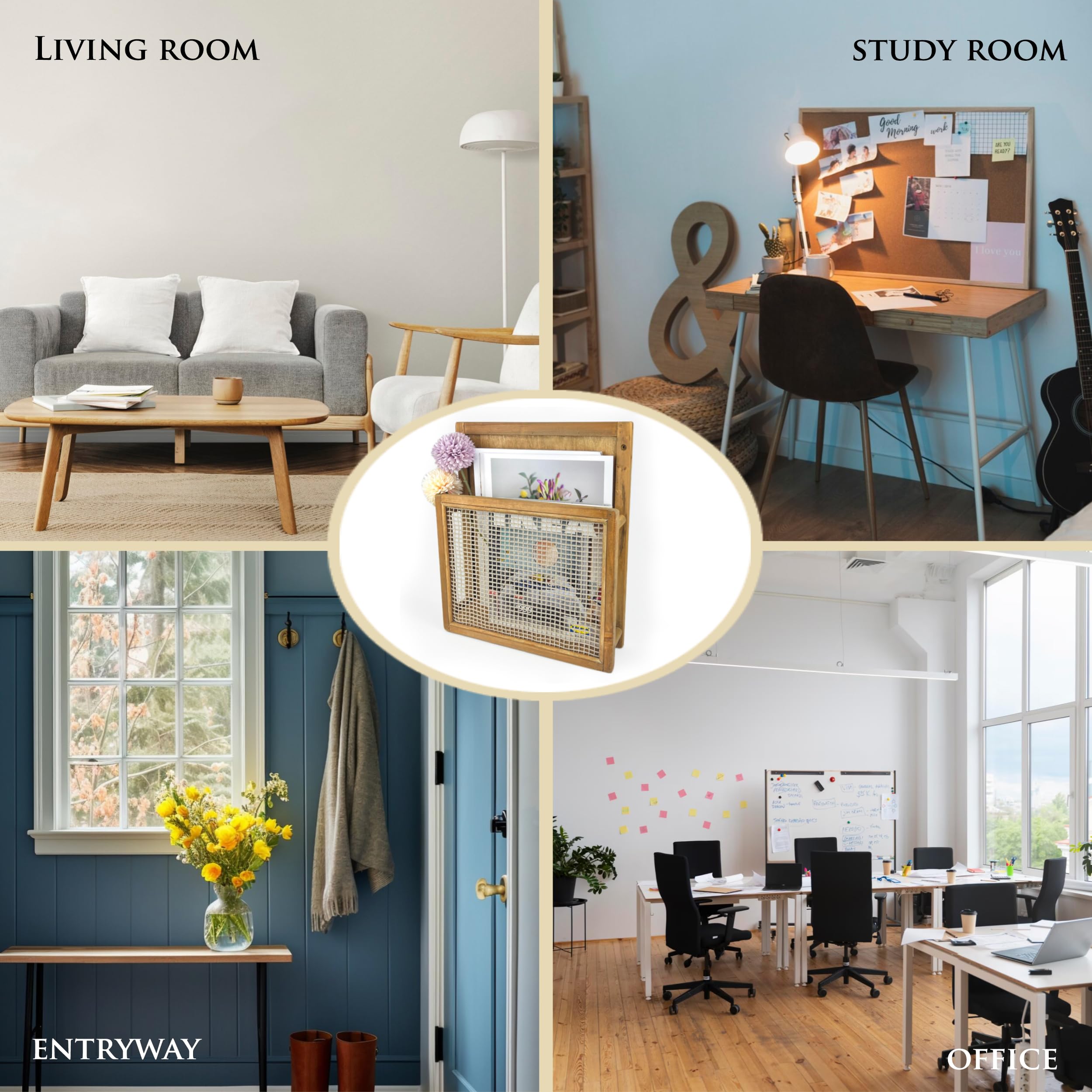 Zeitschriftenständer aus Holz, zur Wandmontage, Boho-Stil, Wandordner, Aktenhalter für Eingangsbereich, Wohnzimmer, Kinderzimmer und Büro, Zeitschriftenhalter, hängender Post-Organizer (braun)