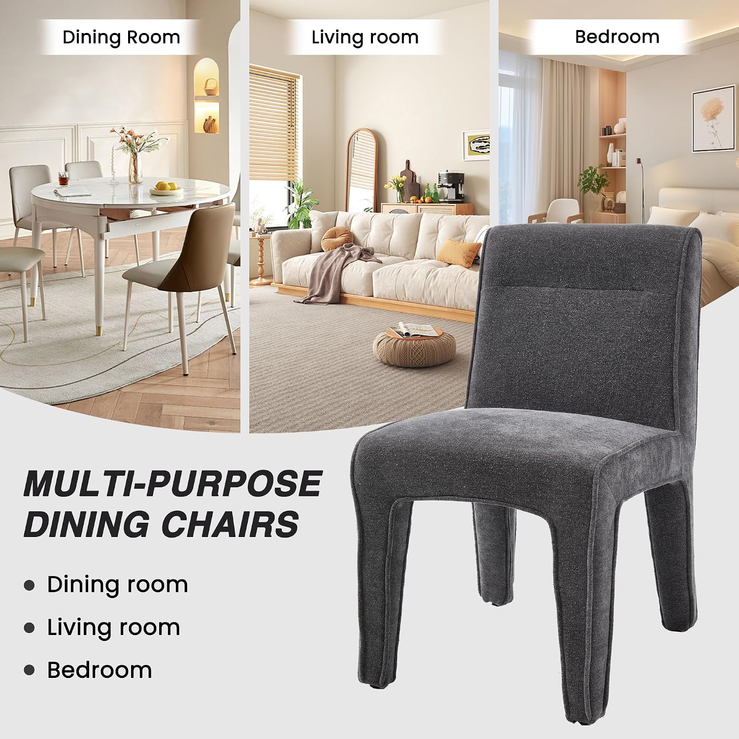 HNY Upholstered Grey Chenille Dining Chairs Set of 2, Mid Century Modern Armless Kitchen & Dining Room Chairs with Fabric-Wrapped Legs, Comfy Accent Side Chair with for Kitchen Living Room Bedroom