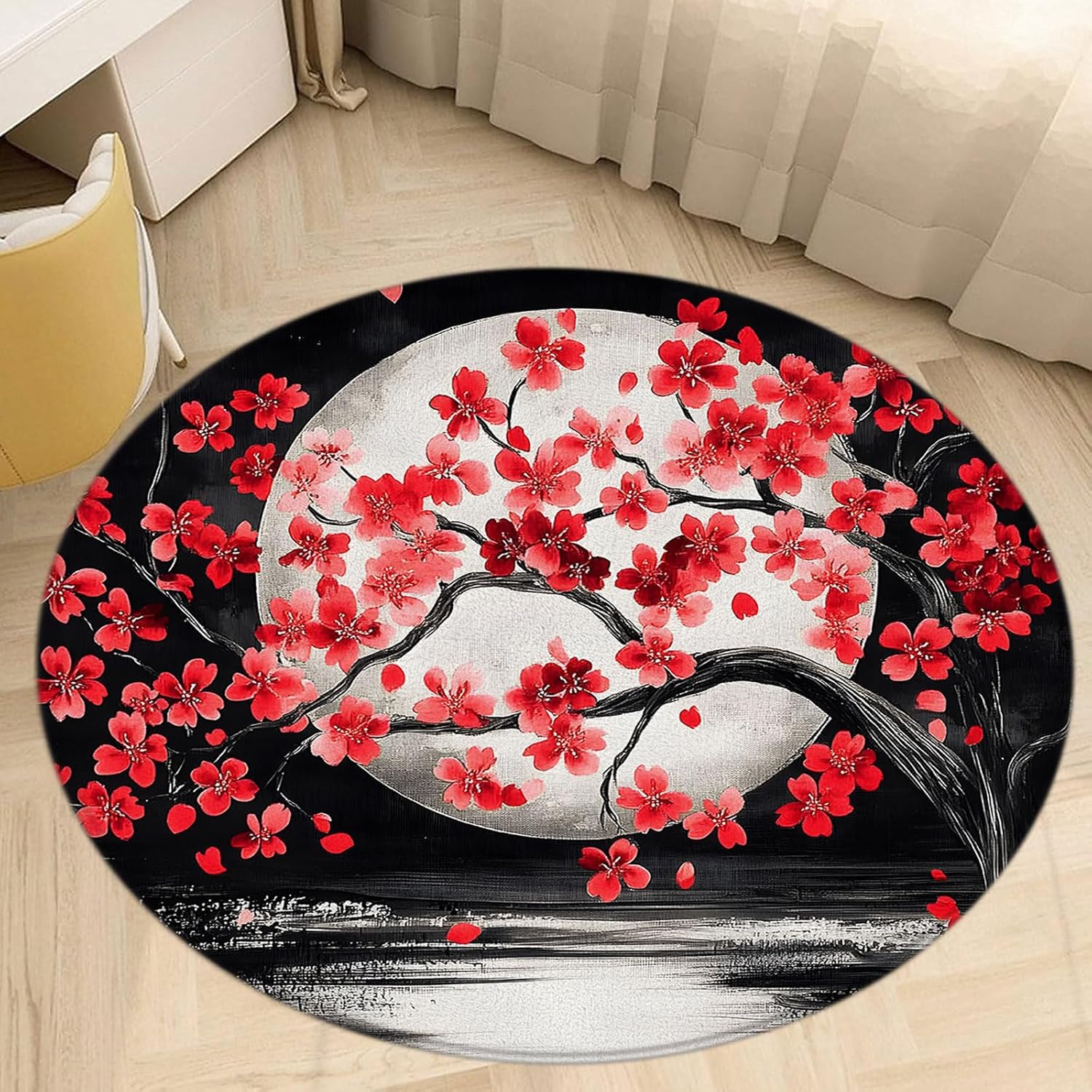 Asian Round Area Rug Red Cherry Blossom Branch Moon Japanese Floral Ocean View Chinese Traditional Ink Painting Circle Rug Non Slip Mat for Studyroom Living Room Bedroom Bathroom Decoration 5.2 Ft