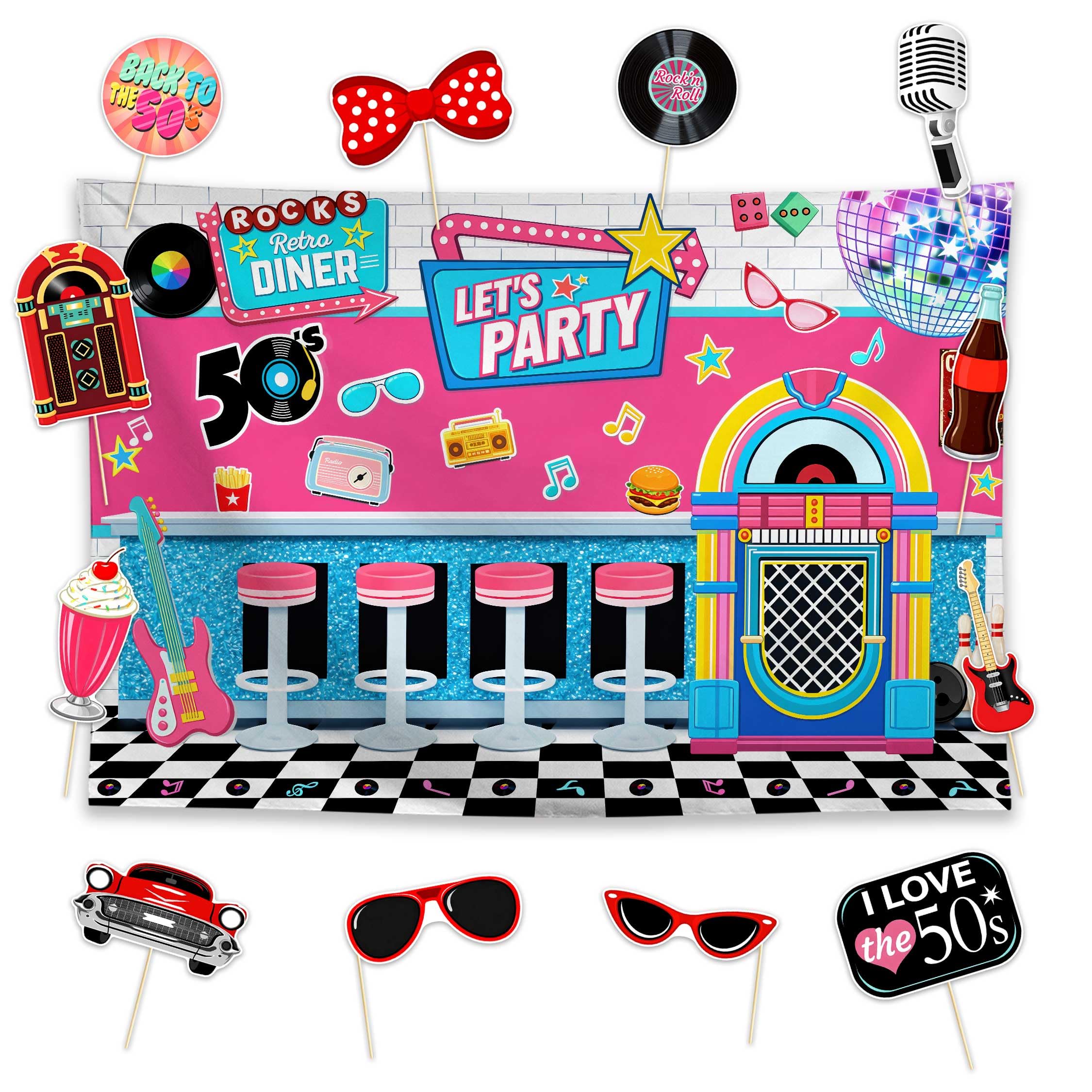 Décoration Rock and Roll années 50 Allenjoy avec toile de fond et 12 accessoires