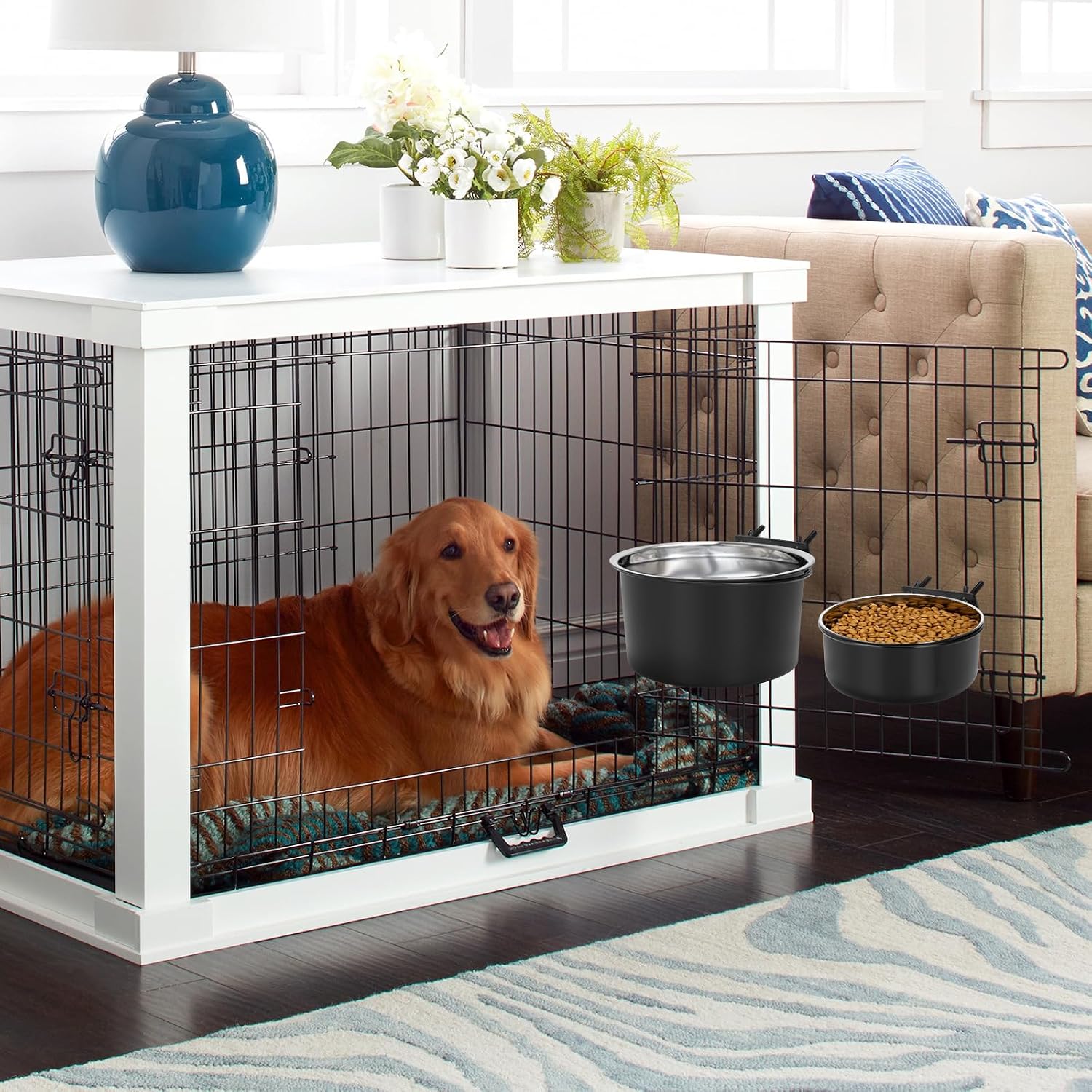 Crate Dog Bowls for Large Dogs, Removable Stainless Steel Dog Bowls for Food and Water, Pet Kennel Hanging Food Water Feeder Station for Medium/Large Pets, (7.1"x3.7" & 7.1"*2.6", Black)