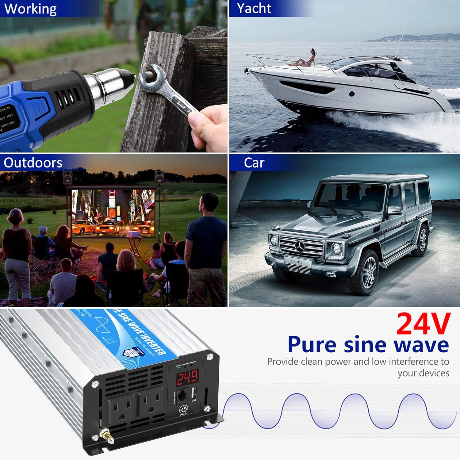 24V Pure Sine Wave Power Inverter 1200W 24V DC to120V AC UL Fuses Lithium Battery Compatible with Remote Controller and LED Display Dual AC Outlets for RVs Solar Off-Grid System Emergency by GIANDEL