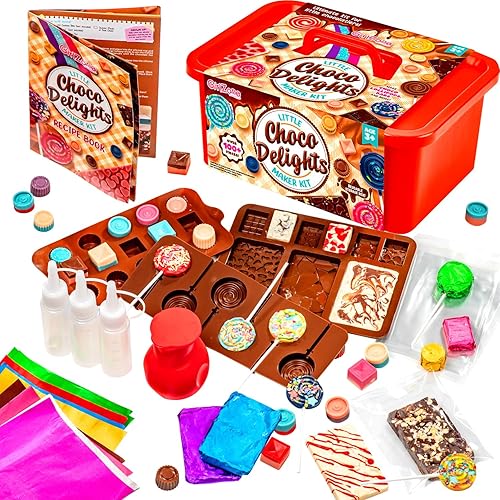 GirlZone Little Choco Delights - Kit de fabricación de chocolate con moldes de barra de caramelo, palitos de Lolly, envoltorios para barra de
