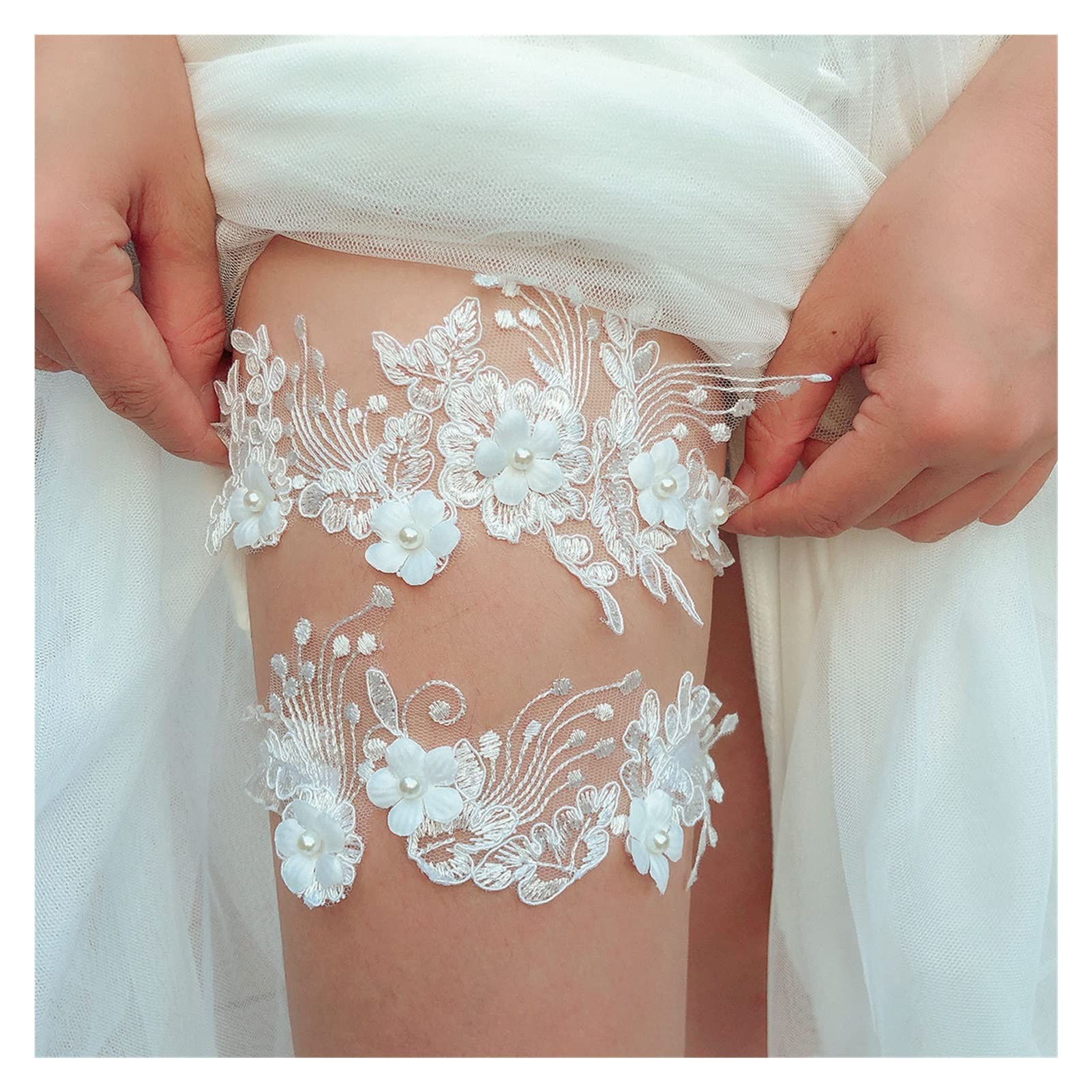 Regalo di Nozze Accessori da Sposa per la Festa Cintura di Giarrettiera Sexy in Pizzo Gambale in Pelle Elasticizzata Femminile (Color : White, Size : 40-60 cm) (Blue 48) (White 48)