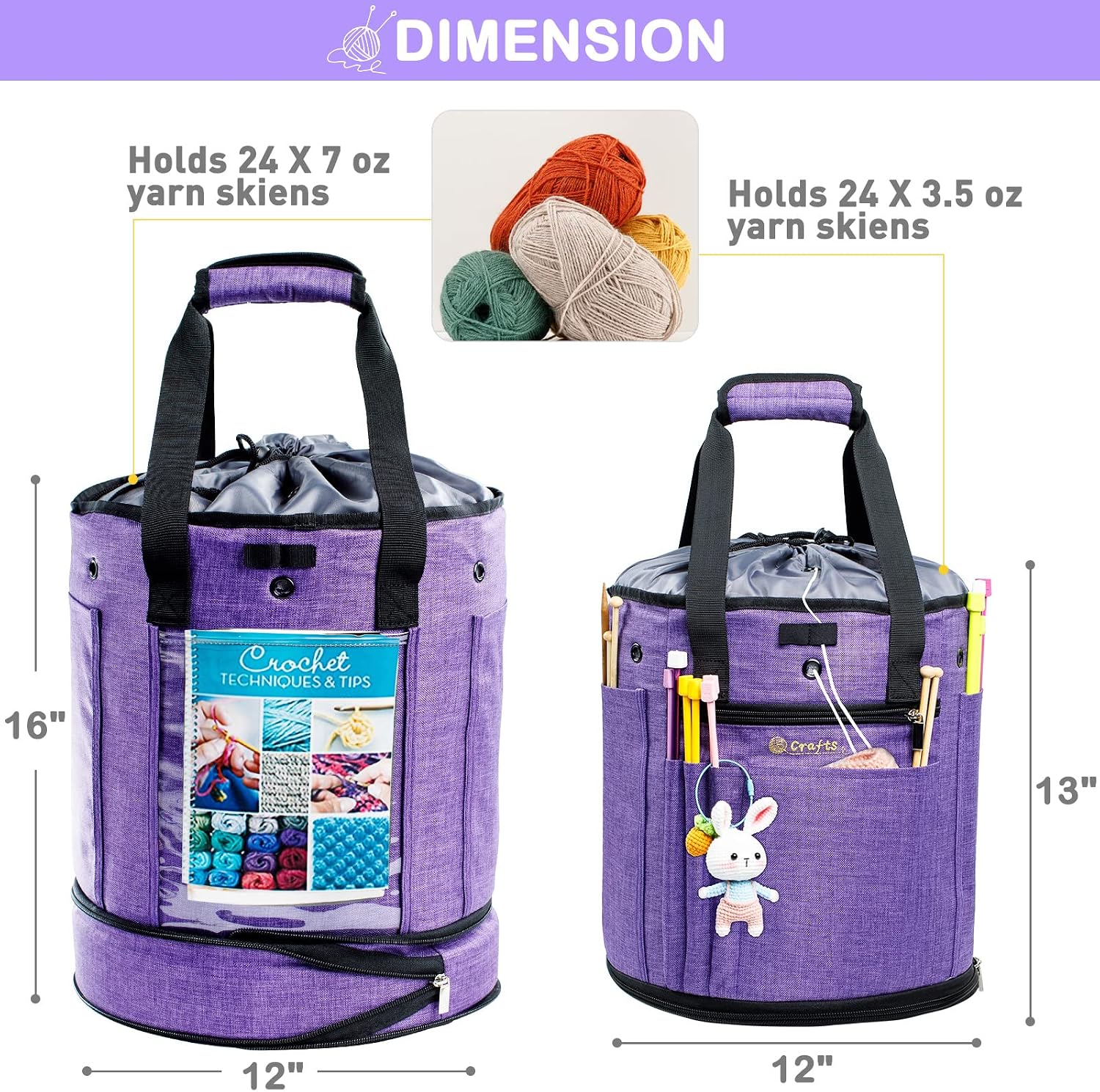 Expandable Yarn Storage Organizer, Crochet Bag & Yarn Tote with Zipper Closure, Yarn Holder for Crocheting and Knitting for Yarn Skeins, Hooks, Needles,Accessories – Gift for Crafters thumbnail