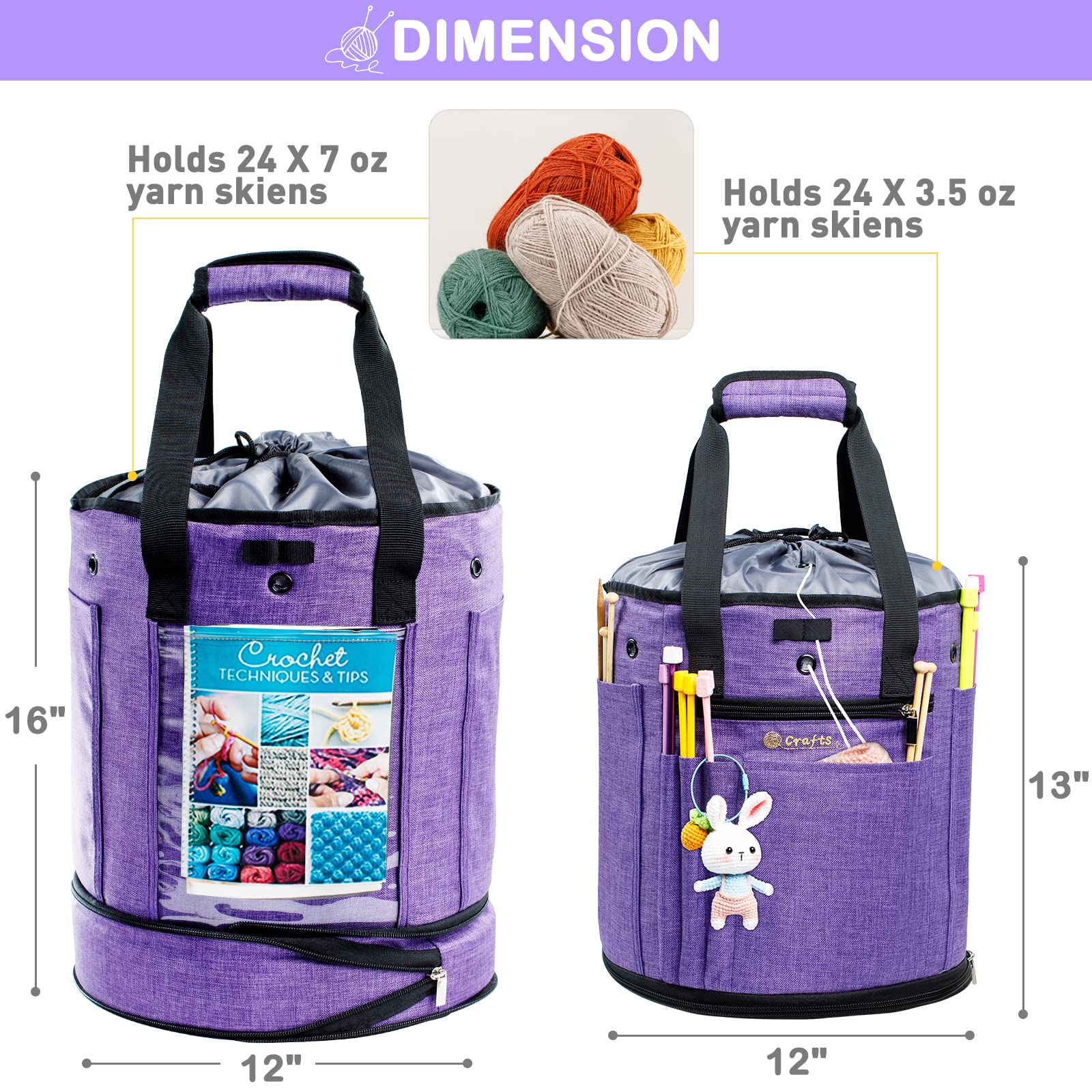 MYBAGZING Torba do robienia na drutach, duży organizer do przechowywania przędzy, torby i torby na szydełkowanie, etui na przędzę do robienia na drutach, haczyki do szydełkowania (fioletowy-Ⅱ)