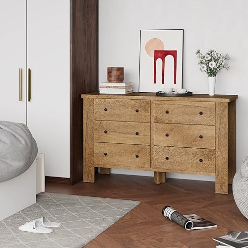 Miniatura 6 de Senfot Cómoda con cajón organizador de mesita de noche muebles pequeños de madera para dormitorio con 6 cajones y mango de metal redondo para sala