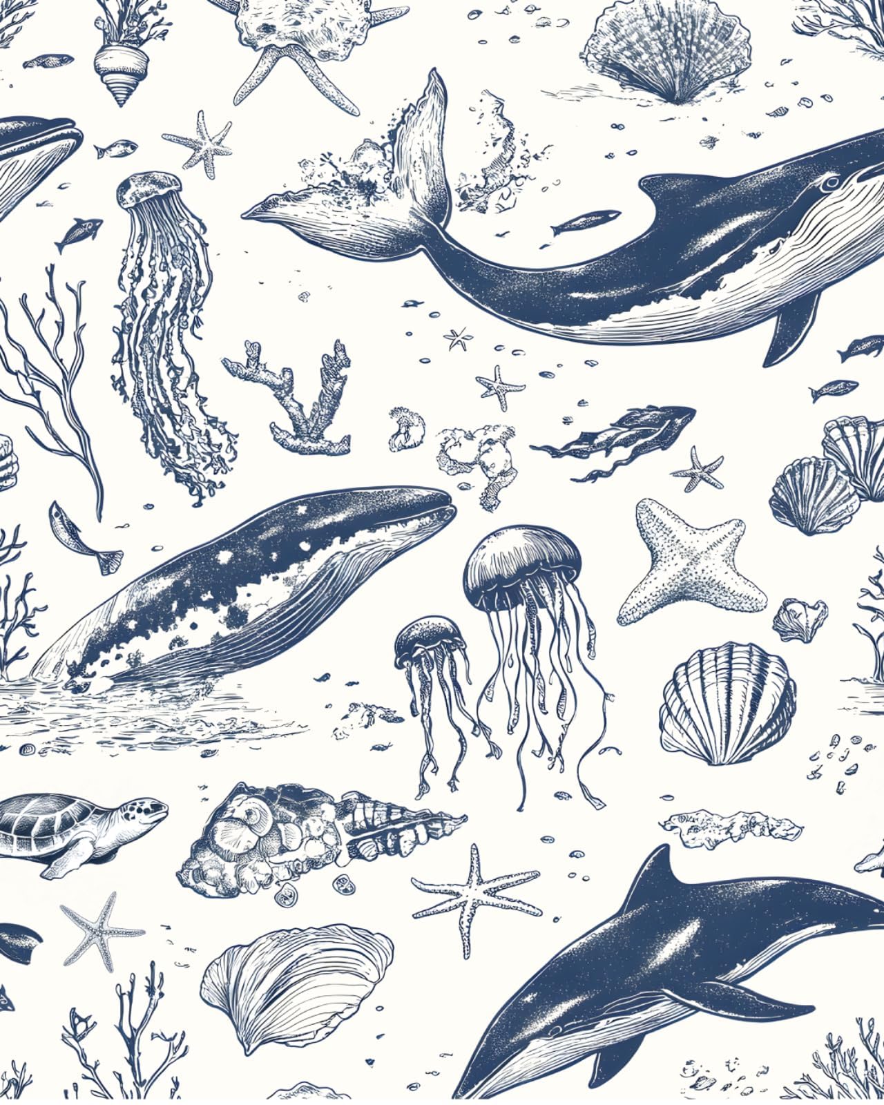 Fvlow Tapeta wieloryba błękitnego, odklej i przyklej, 44 x 1,000 cm, granatowy ocean, usuwalny papier kontaktowy, samoprzylepna osłona do pokoju dziecięcego, sypialni, salonu, dekoracja domu