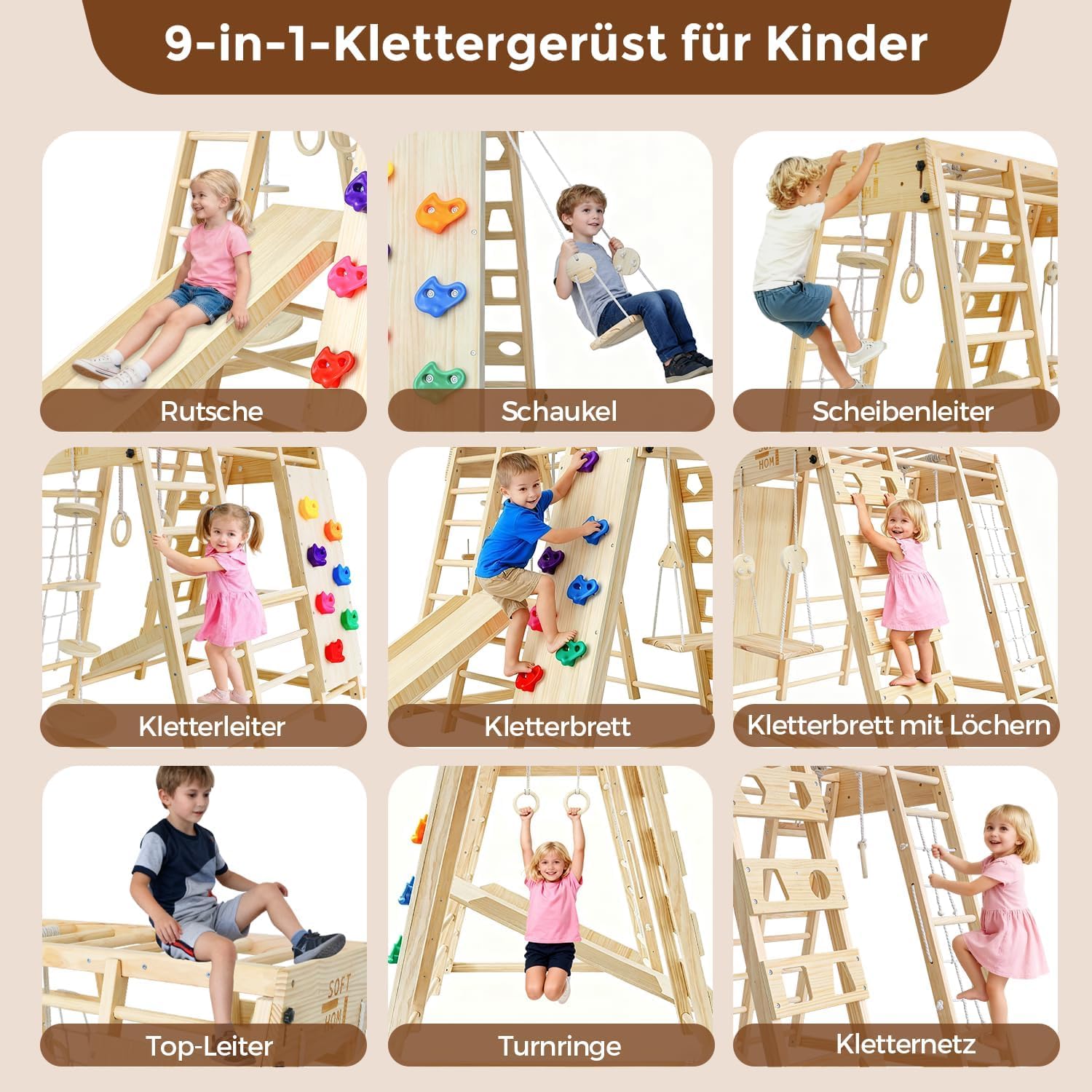 Klettergerüst Indoor, Groß&Klappbar, 12 in 1 Montessori Indoor Spielplatz für Kinder, Multifunktional Kletterausrüstung mit Rutsche/Schaukel/Kletterdreieck/Kletternetz, Kinderzimmer, Natur