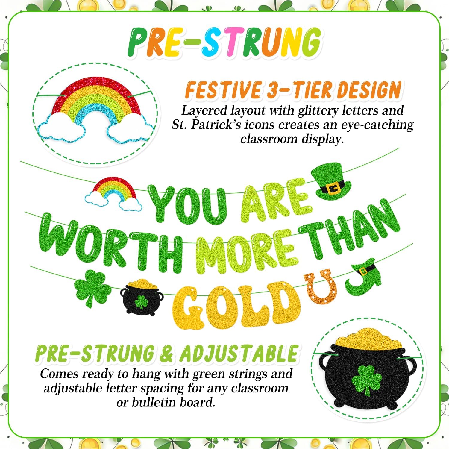 You Are Worth More Than Gold Banner St. Patrick’s Day Party Decorations for Irish School Classroom Home Celebration Shamrocks Lucky Saint Patrick’s Party Supplies