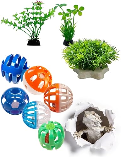 9-Piece Bearded Dragon Toy Set, Hollow Balls and Artificial Greenery | Smooth Burr-Free Edges, Gentle On Reptile Mouth and Paws