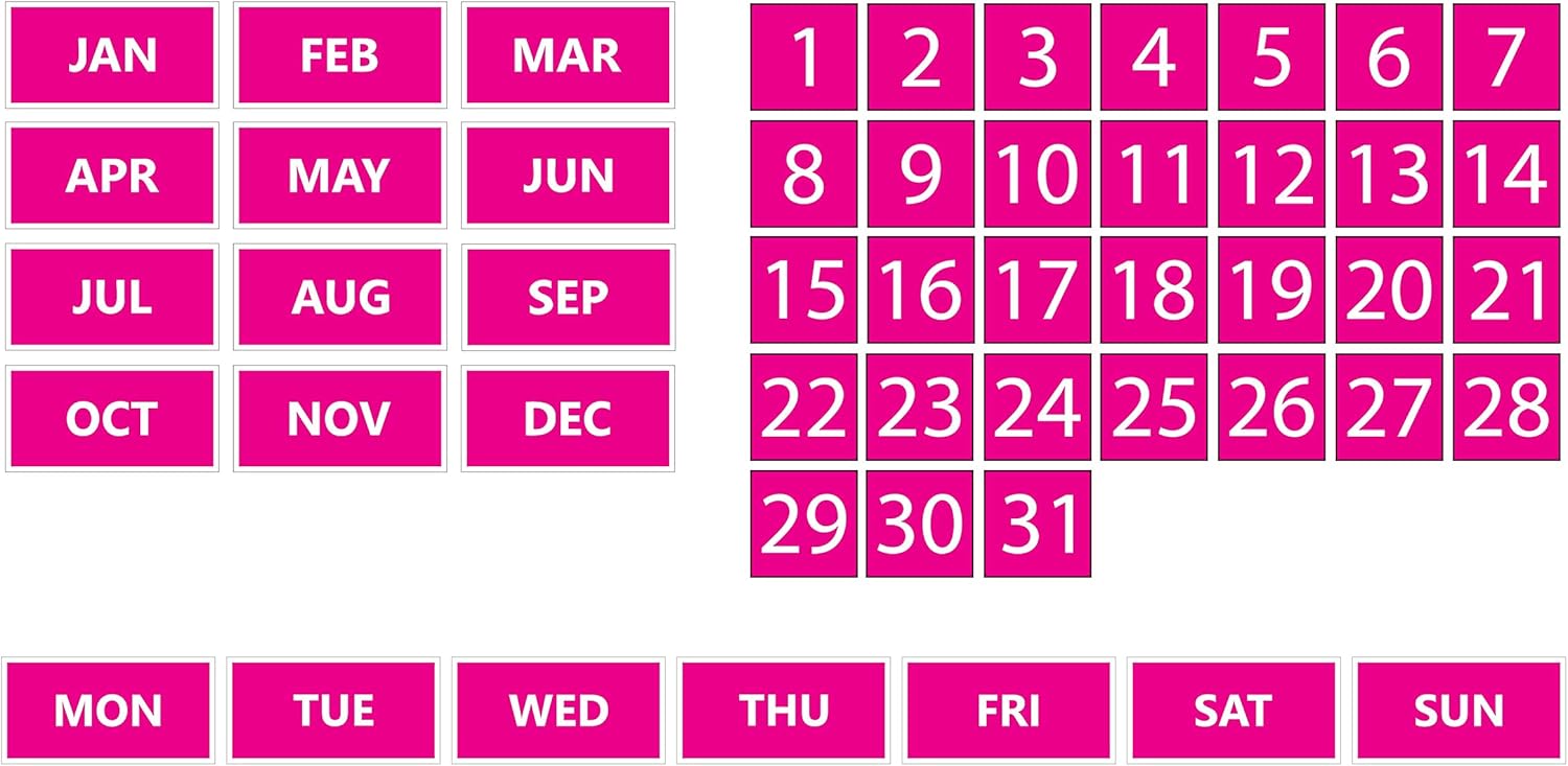 Whiteboard Calendar Magnet Bundle (Dates, Days of The Week, Months) by DCM Solutions (Pink, 0.75"x0.75")