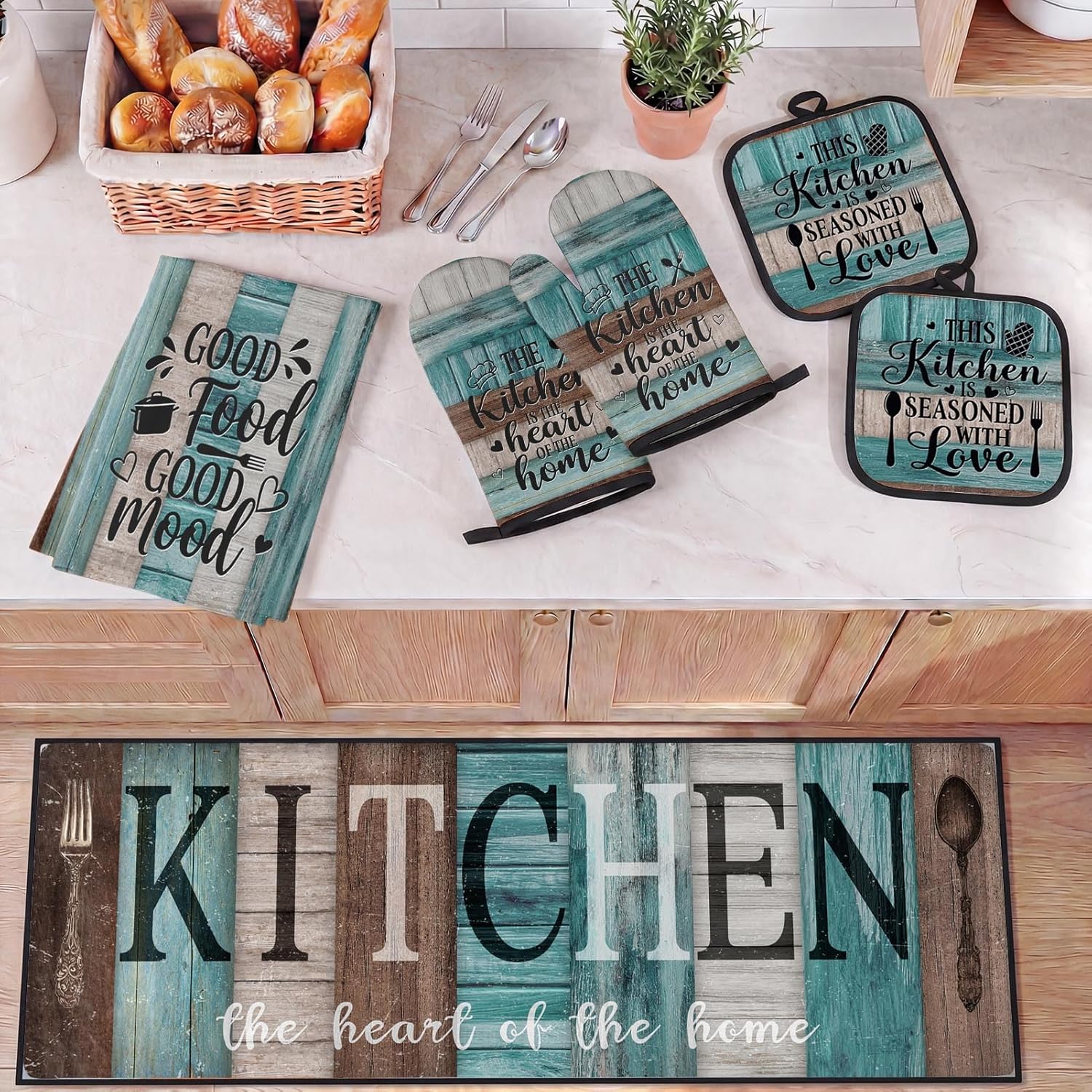 10 Pcs Turquoise Teal Kitchen Decor and Accessories Set, 4 Dish Towels Kitchen Rugs 2 Oven Mitts 2 Pot Holders, Home Decor for Cooking Baking BBQ Gifts Women Mom Housewarming