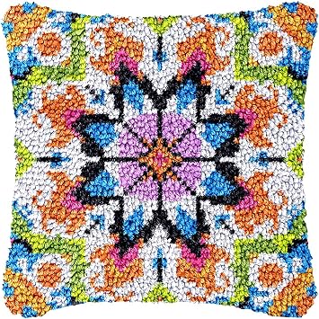 Latch Hook Kits for DIY Throw Pillow Cover, Colorful Handmade Pillow Case for Home Decoration, Festival Gift 17x17inch Colorful Flower3