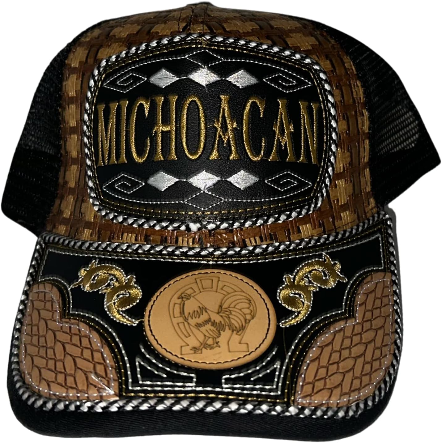 Straw Design Rodeo Cowboy with Mexican State Trucker Mesh Baseball Cap Gorra Artesanal con Bordado del Estado