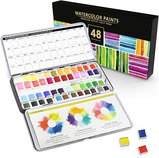 48 Premium Watercolor Half Pan Set in Metal Palette, Water Color Paint Sets for Kids, Watercolor Sets for Adults Beginners, Professional Watercolor Paint Set Includes Refillable Water Brush