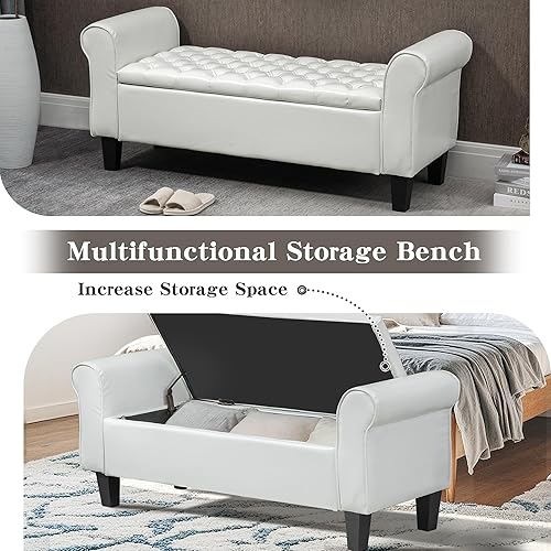 Miniatura 5 de ECOTOUGE Otomana con almacenamiento para sala de estar, reposapiés tapizado de cuero, bancos de dormitorio al final de la cama, otomana con brazo