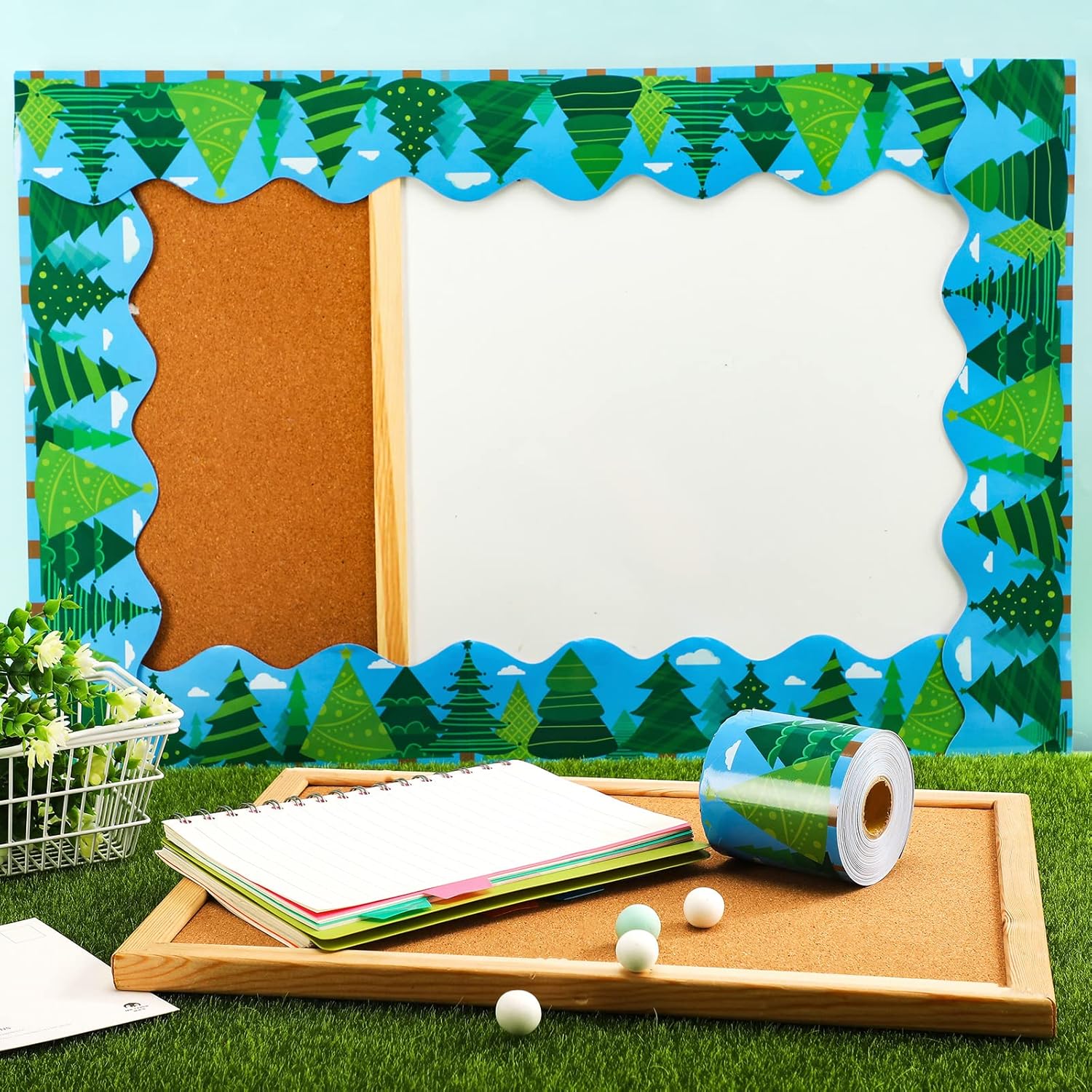 Eaasty 69 ft Camping Bulletin Board Borders Tree Woodland Classroom Scalloped Border Pine Trees Borders Decoration Paper Rolled Teachers Border for Bulletin Board Classroom Chalkboard Wall Decor