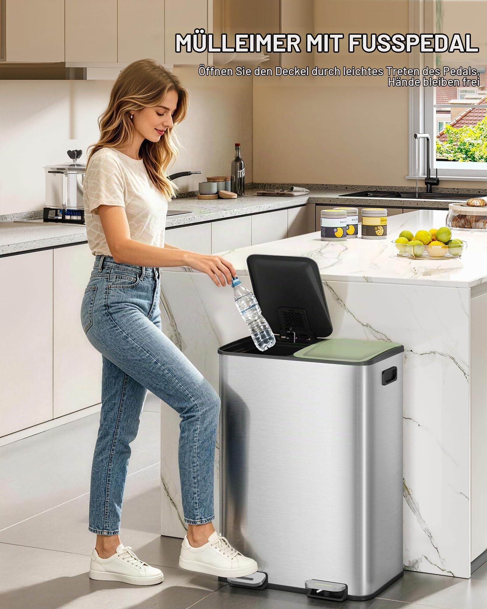 Hzuaneri Mülleimer Küche, 2 x 30 L, Mülltrennsystem 2 Fächer, Mülleimer mit Farbigem Soft-Close-Deckel und Pedal, Küchenabfalleimer mit Inneneimer, Stahl, inklusive 15 Müllbeuteln, Silber SW23199E