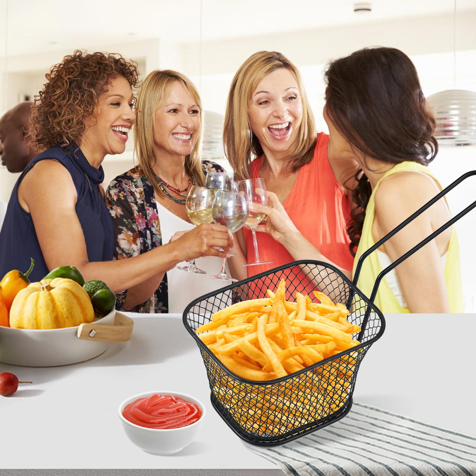 16 cestas para patatas fritas de acero inoxidable, pequeñas cestas para servir con asa, cesta para patatas fritas, cesta para patatas fritas, cesta para freír patatas fritas (negro)