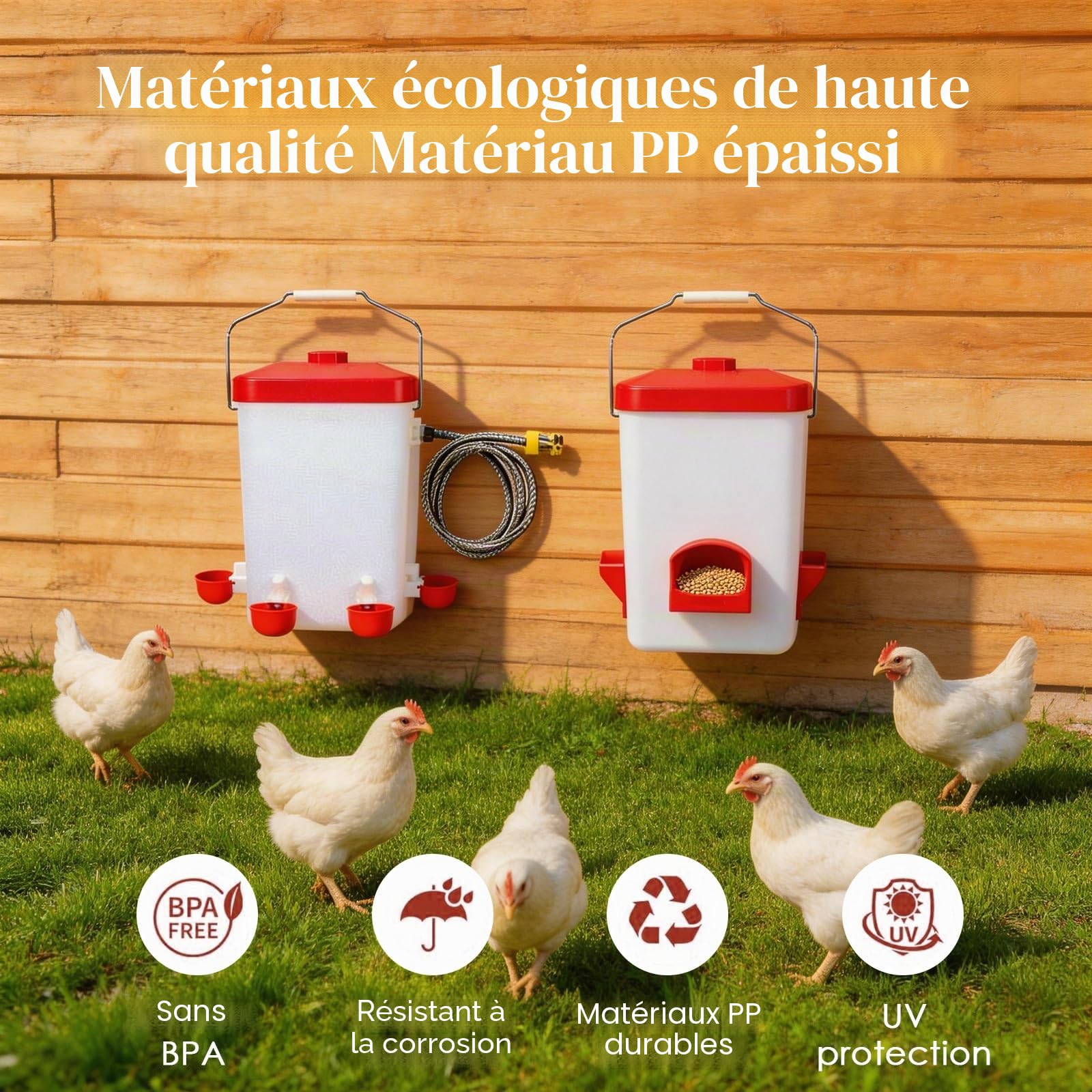 Lot Mangeoire et Abreuvoir Automatique pour Poules, Mangeoire Anti-Gaspillage 10 kg, Abreuvoir 11 L à Niveau Automatique, Étanche et Résistant UV, avec Tuyau d'Arrosage et Accessoires de Montage