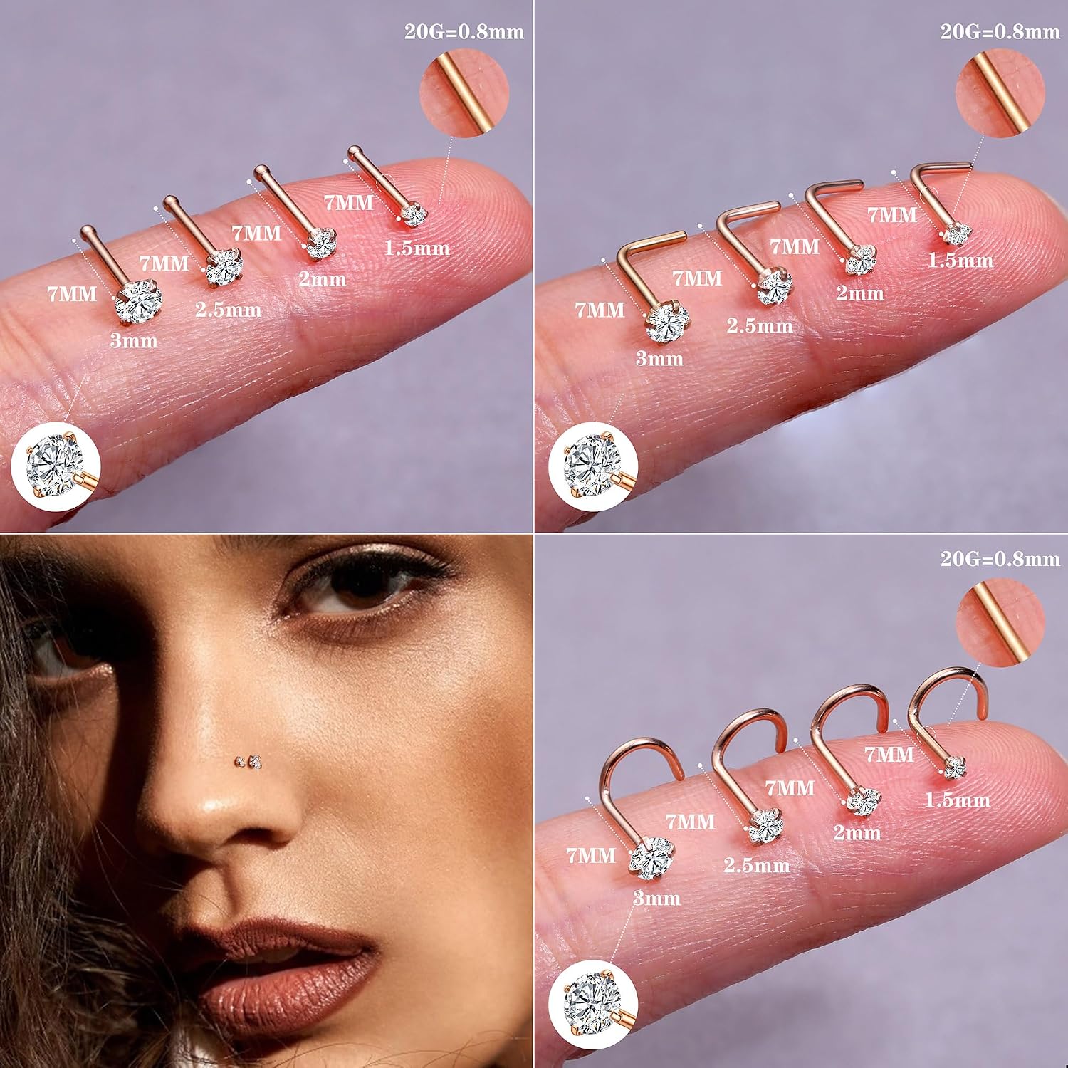 LOYALLOOK 18Pcs Nose Rings Studs - 316L Surgical Steel 14K Gold Plated Nose Studs Double Hoop Nose Ring for Women Men 18G/20G Nose Rings Stud Hypoallergenic Nose/Body Piercing Jewelry 1.5mm 2mm 2.5mm 3mm CZ image 3