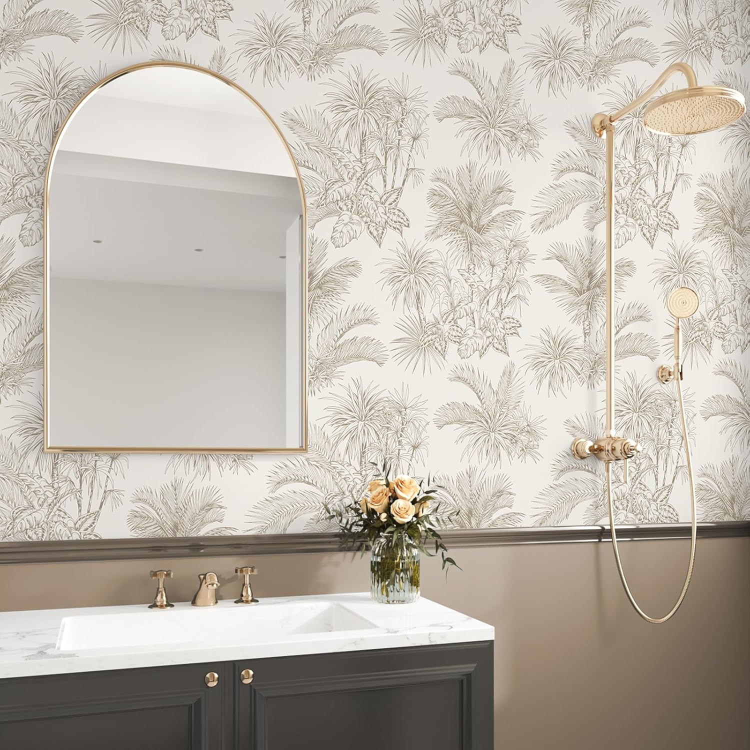 VEELIKE Beige Tropical Wallpaper Peel and Stick Boho Sketch Palm Leaf Wallpaper for Bedroom Bathroom 17.7''x118'' Removable Self Adhesive Tropical Wall Mural Contact Paper for Cabinets Shelves Walls