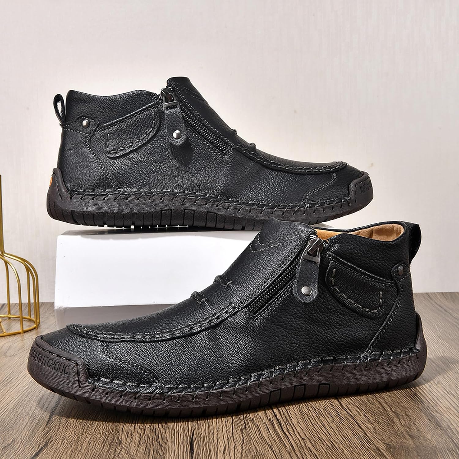 Men's Casual Leather Handmade Ankle Chukka Boots Side Zipper High Top Fashion Sneakers Lightweight Walking Driving Mid-top Dress Shoes