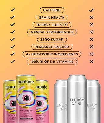 Neutonic Nootropic Productivity Energy Drink | Strawberry Lemonade 12 Cans | 120mg Natural Caffeine, Zero Sugar | Support Energy, Mental Performance, Cognitive Function | Support Focus, Brain Health