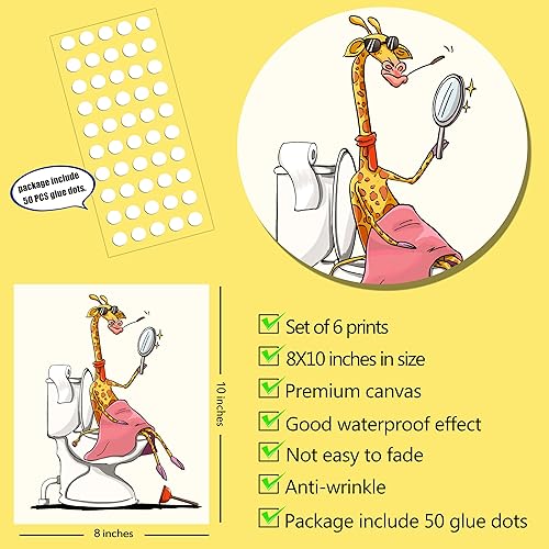 Miniatura 2 de Juego de 6 pósteres de lienzo para pared de baño, diseño de animales, diseño de zorro, gato, rana, jirafa, caballo en el inodoro, ilustración para