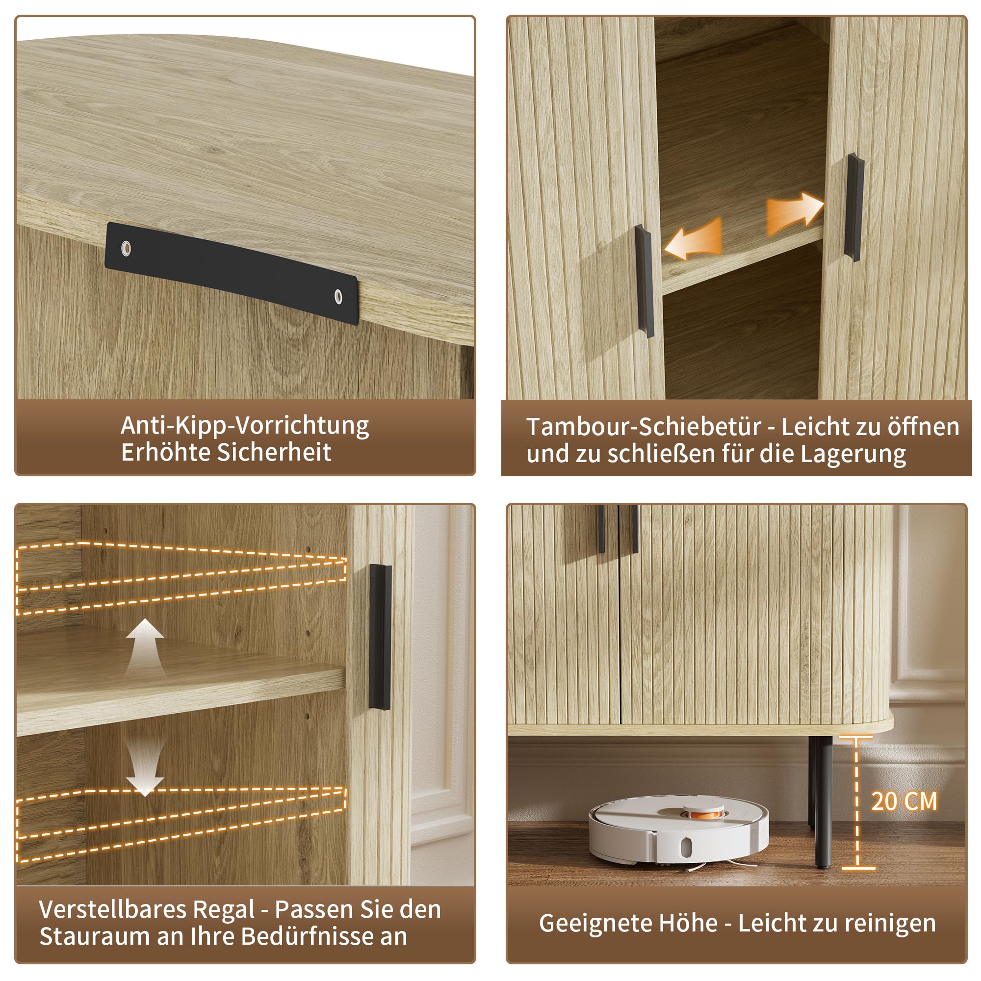 BonVache Aufbewahrungsschrank Buffet für das Wohnzimmer, Küchenschrank mit Tambour-Schiebetür, Aufbewahrungseinheit für modernes Esszimmer zu Hause, Natur