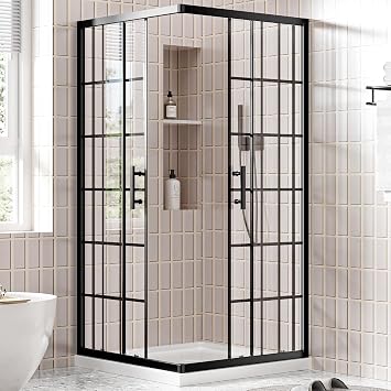 36x36x72 Inch Corner Shower Enclosure, Walk in Shower Stall with Grid Pattern Sliding Door, 1/4" Thick Clear SGCC Tempered Glass, Matte Black Aluminum Frame, Adjustable Width