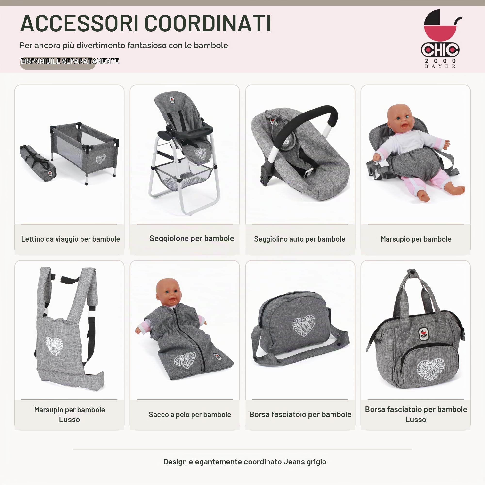 Bayer Chic 2000 - Passeggino per bambole Mika, 2 in 1 per bambini da 4 a 8 anni, jeans grigio