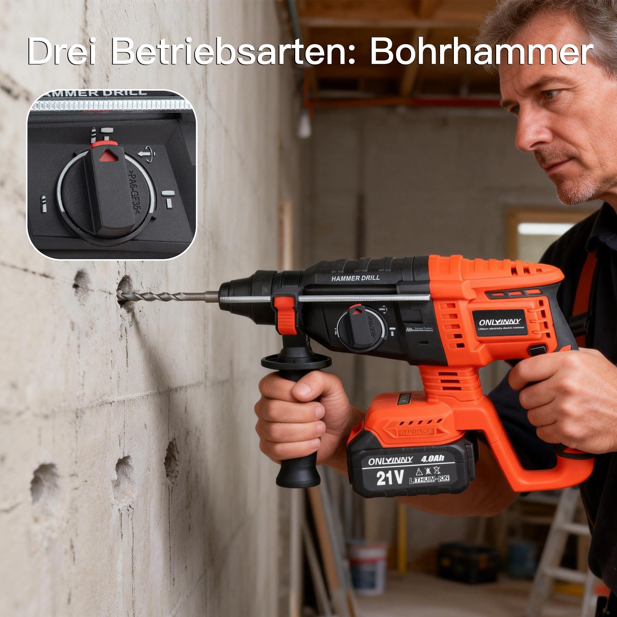 Akku Bohrhammer SDS Plus, Bürstenloser Motor Schlagbohrmaschine mit 3-in-1 Modus (Hammerbohren/Meißeln/Bohren), Kompatibel mit Makita 18V Akku, 4.0Ah 2x Akku Ladegerät im Koffer