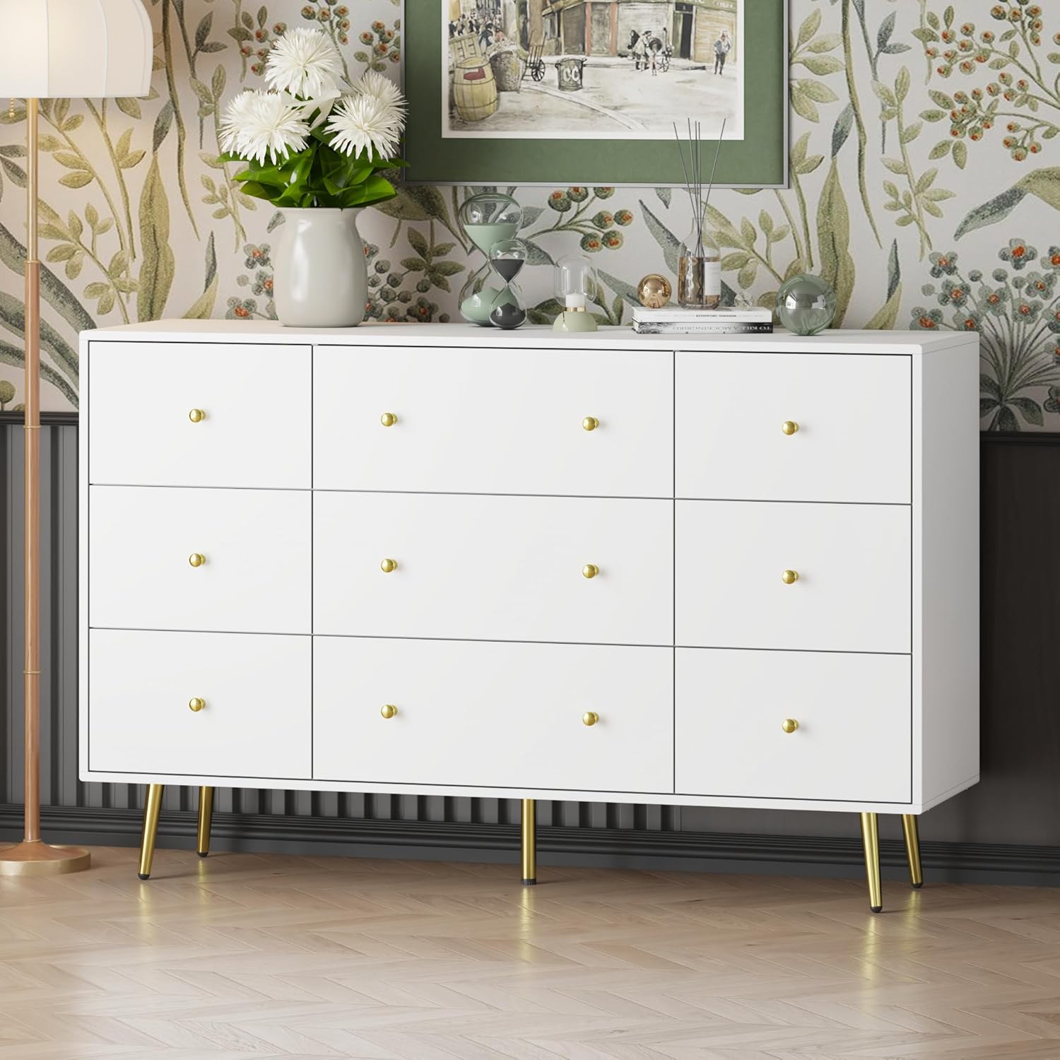 Hitow 9 Drawer Dresser for Bedroom with Metal Legs, Floor