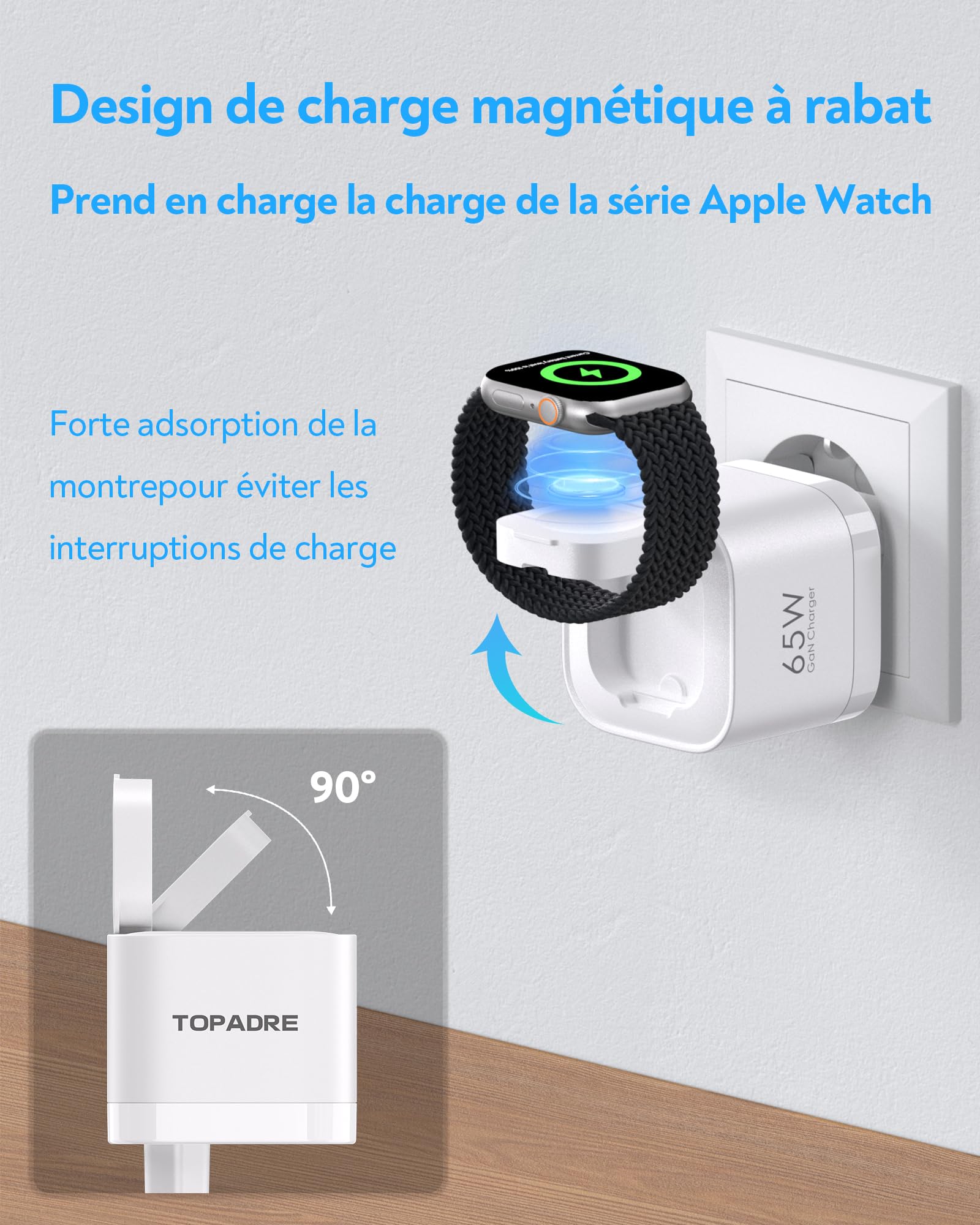 Chargeur USB-C 65 W pour Apple Watch, Chargeur USB-C 3-en-1 pour iPhone 65 W, Chargeur Rapide PD 3.0 pour iWatch 11/10/9/8/7/Ultra/SE, Adaptateur Secteur pour MacBook Pro/Air, iPad Pro/Air, Blanc