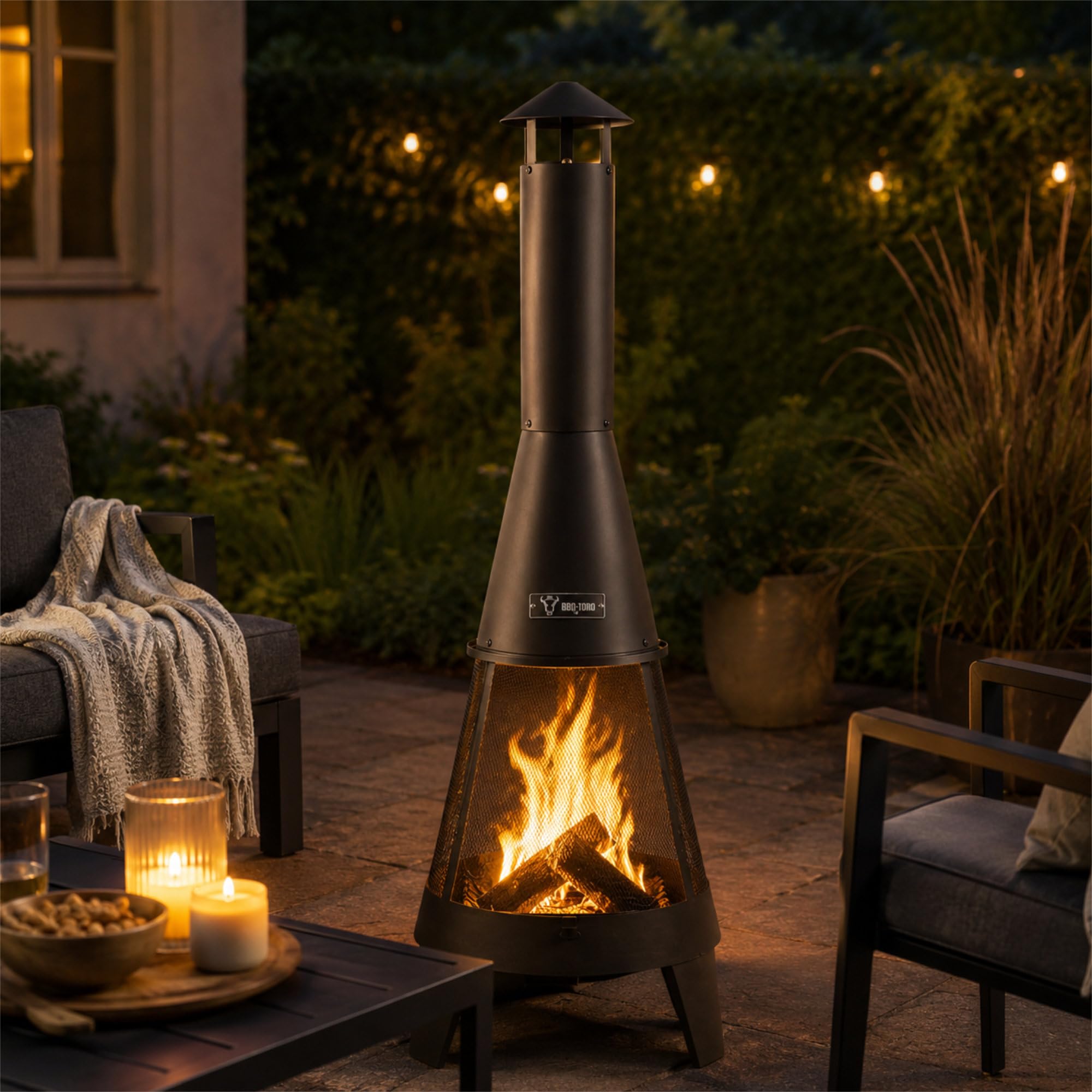 BBQ-Toro Terrassenofen mit Funkenschutz, Feuerrost und Schürhaken | 35,5 x 35 x 112 cm | Stahl Gartenkamin, Outdoor Gartenofen, Feuerkorb | Holzofen Wärmequelle, Feuerstelle mit 3 Standfüßen