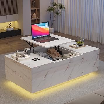 47.2" Smart Lift-Top Coffee Table with Wireless Charging, Bluetooth Speaker, Storage Drawers & Shelf - Modern Convenience for Your Living Room White