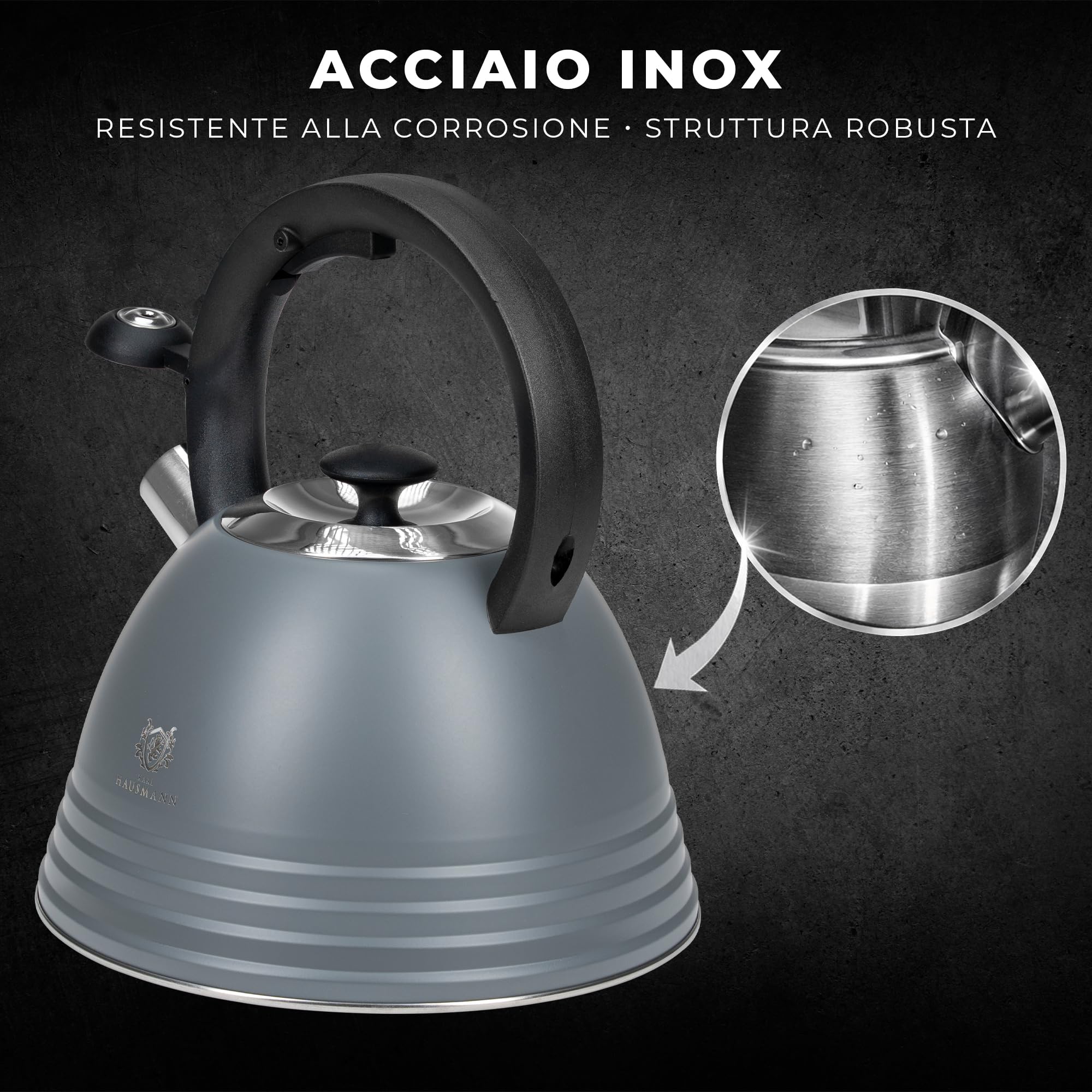 KARL HAUSMANN Bollitore Induzione 3L Acciaio Inox con Fischio - Grigio Teiera per Piano a Gas, Vetroceramica ed Elettrico - Bollitore Acqua Cucina con Coperchio