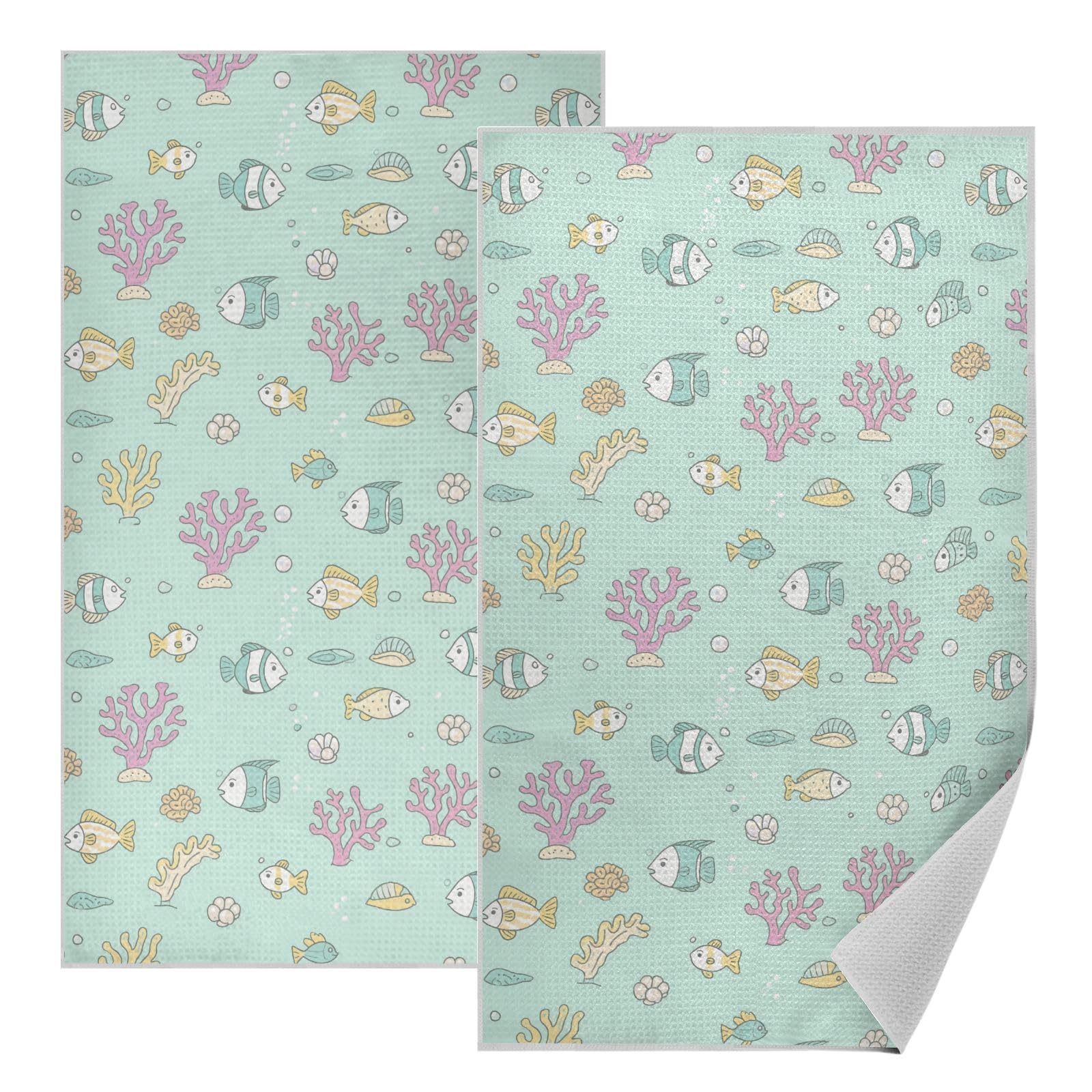 Toallas decorativas de gofre absorbentes: juego de 2 paños de cocina con peces de coral brillantes