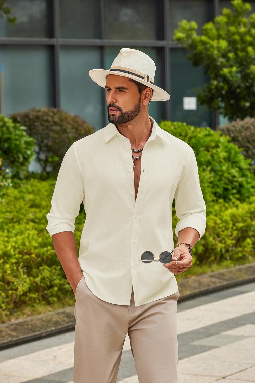 COOFANDY Men's Casual Button Down Shirts Long Sleeve Cotton Beach Wedding Shirt Summer Linen Shirt for Men - Image 7