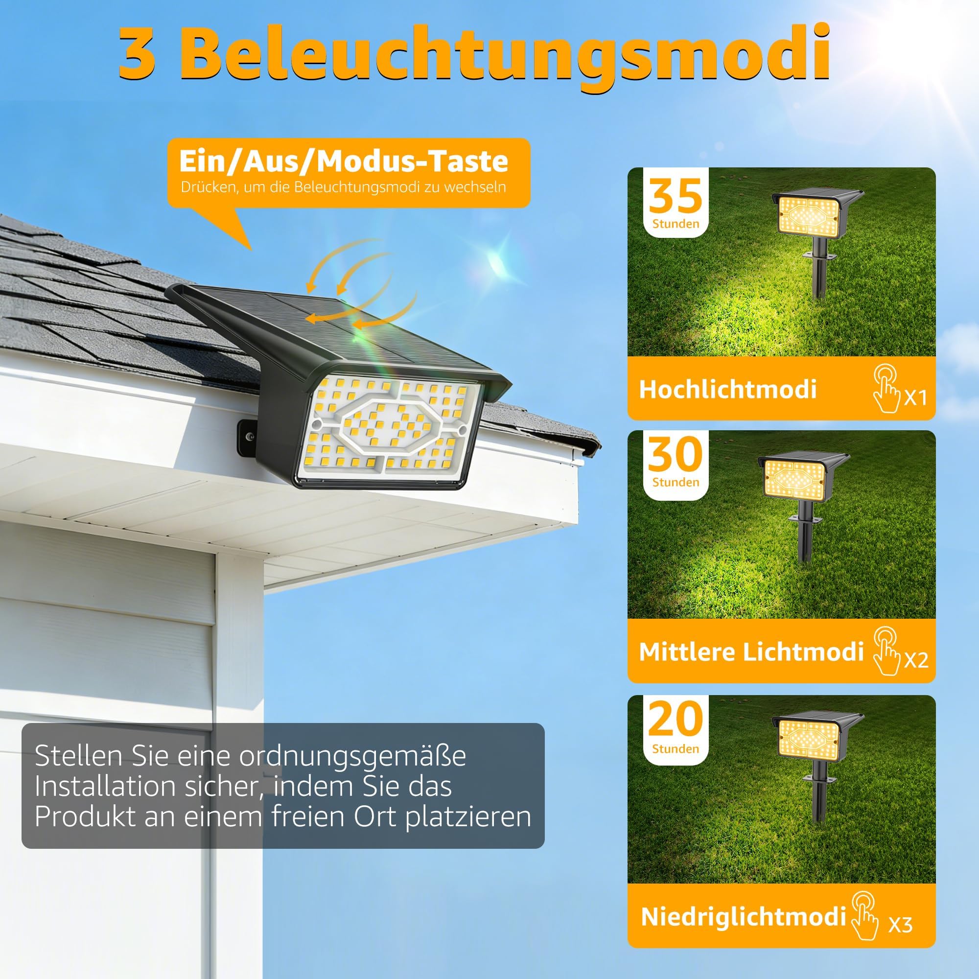 Ollny Lot de 4 Spots Solaires Extérieur 60 LEDs, 3000K Blanc Chaud, IP65 Étanche, 3 Modes, Crépuscule à Aube, Lampes Solaires Jardin, Éclairage Extérieur Solaire