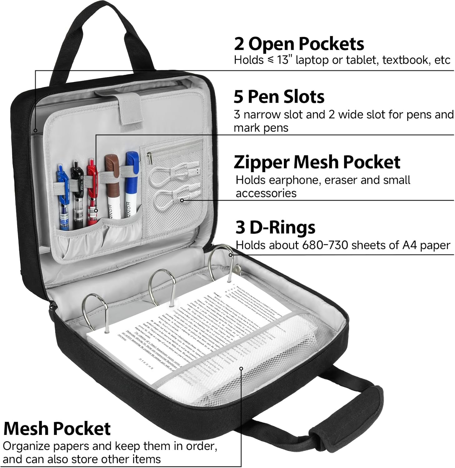 Zipper Binder 3 Ring with Shoulder Strap, 700 Sheets Capacity 3 Inch Binder with Zipper Fits 13 Inch Laptop for School and Office, Black